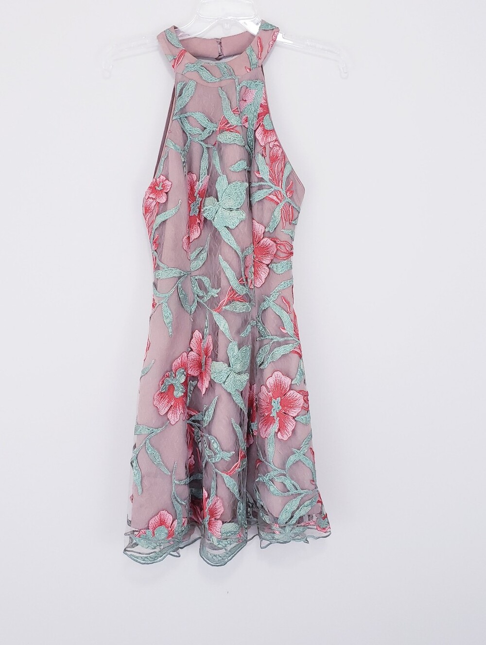 Dress The Population Abbie Floral Halter Dress Skater Coral Beige Lace Medium - Picture 5 of 11